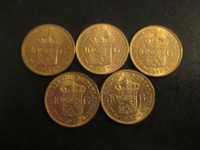 Cinq pièces de 10 florins en or