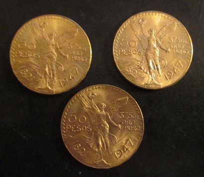 Trois pièces de 50 Pesos en or