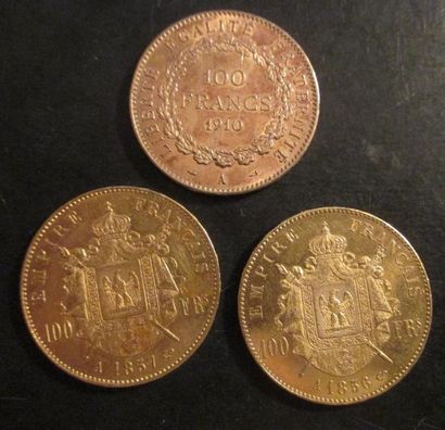 Trois pièces de 100 FF en or 1856, 1857,...