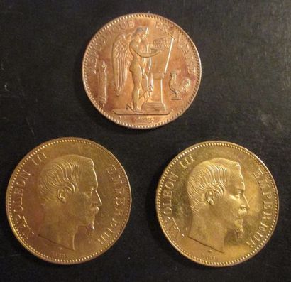Trois pièces de 100 FF en or 1856, 1857,...