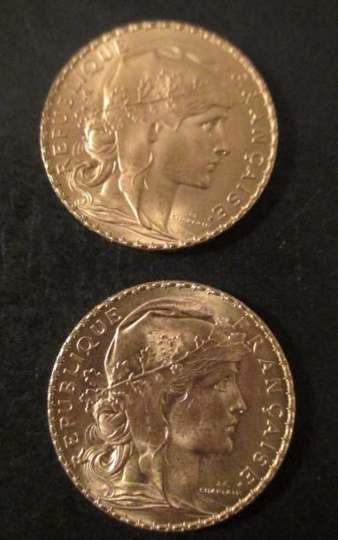 Deux pièces de 20 FF en or jaune
