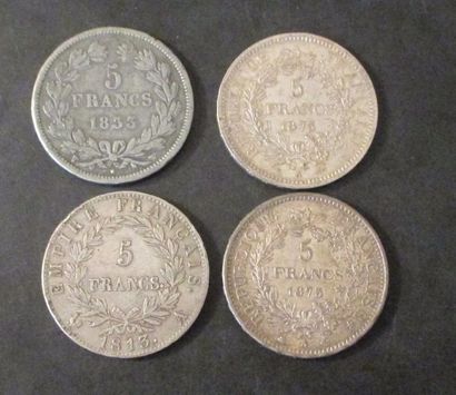 Quatre pièces de 5 FF en argent 1813, 1833,...