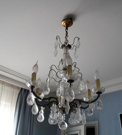 Lustre en métal et pampilles à six bras de...