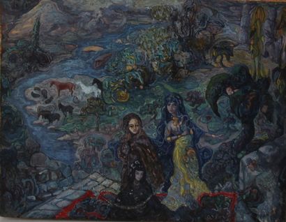 Ecole russe 

Personnages dans un paysage

Huile...