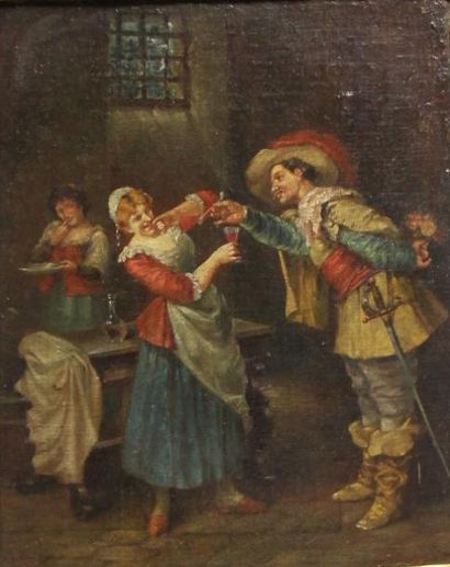 G. CORRADO Mousquetaire et serveuse Huile...