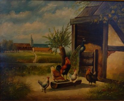 Ecole moderne Le poulailler Huile sur panneau...