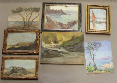 Ecole moderne Bord de mer 10 huiles sur panneau...