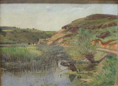 Ecole moderne Paysage à la rivière Deux huile...