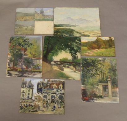 Ecole moderne Paysages Seize huiles sur panneau...