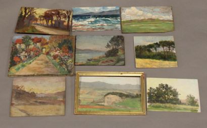 Ecole moderne Paysages Seize huiles sur panneau...