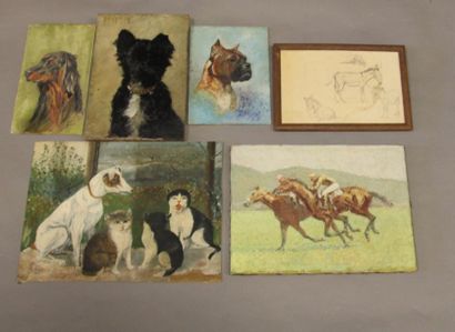 Ecole moderne Portraits d'animaux Six huiles...