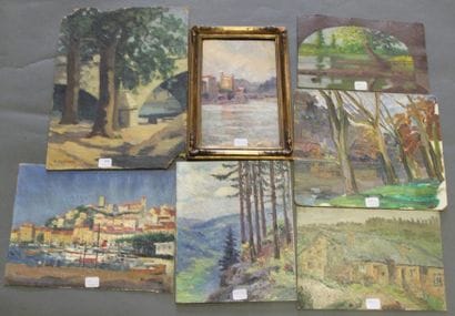 Ecole moderne Paysage Douze huiles sur panneau...