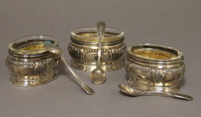 Trois salières en argent 950°/°° sur piédouche...