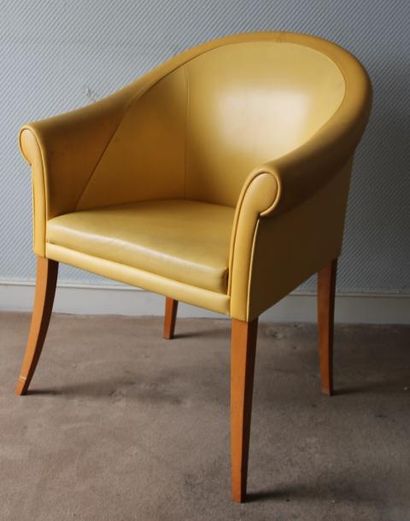 Paire de bergères en cuir bleu et jaune moderne,...