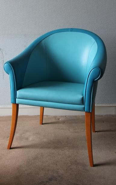Paire de bergères en cuir bleu et jaune moderne,...