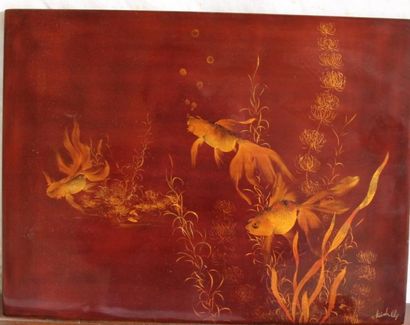 Panneau en laque à décor de poissons 40x30...
