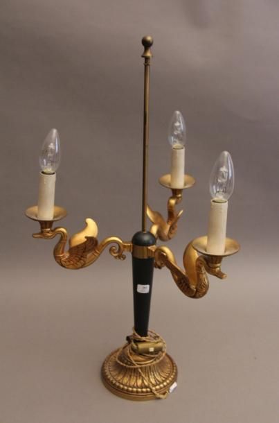 Pied de lampe en bronze patiné et doré à...