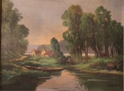 J CHATELIN Bord de rivière Huile sur toile...