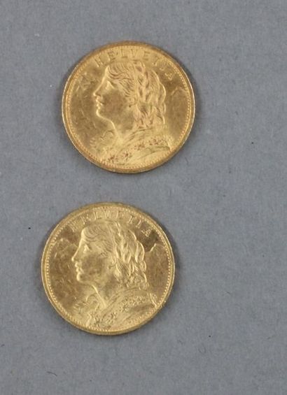 Deux pièces de 20 F Suisse en or jaune