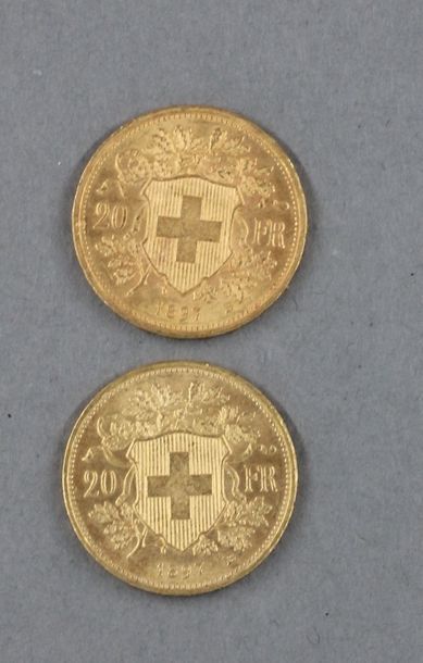 Deux pièces de 20 F Suisse en or jaune