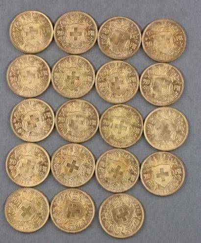 19 pièces de 20 F Suisse en or