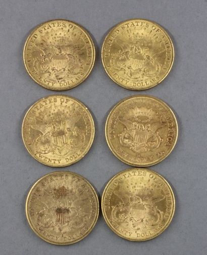 6 pièces de 20 dollars en or Liberty Head...