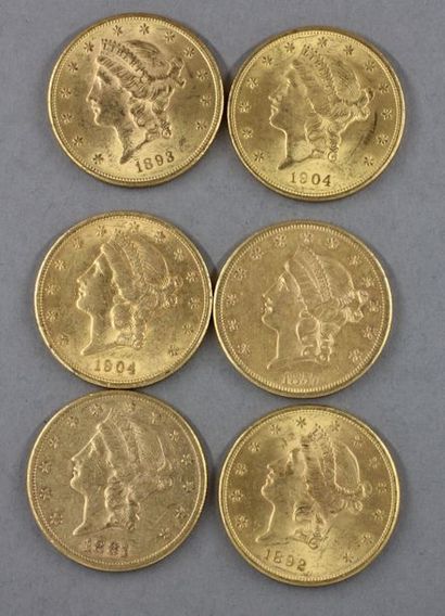 6 pièces de 20 dollars en or Liberty Head...