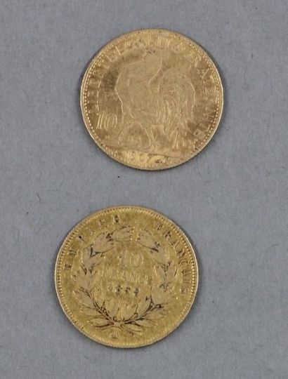 Trois pièces de 10 FF en or jaune 1859-1907...