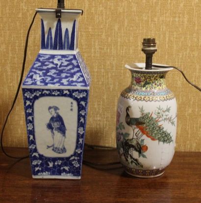 Deux pieds de lampe en porcelaine blanc bleu...