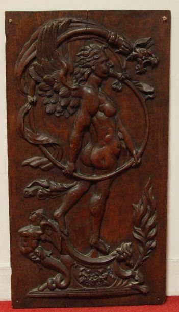Panneau en chêne sculpté en bas-relief d'un...