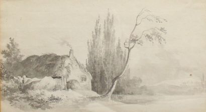 Ecole du XIXème s. Chaumière au bord d'un...