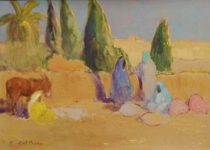 I.DEL PIANO (1955-) Paysage animé Huile sur...