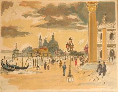 Yves BRAYER (1907-1990).
Vue de Venise. 
Lithographie...