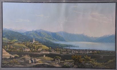 École Suisse milieu XIXe s, Vue du Lac Léman...