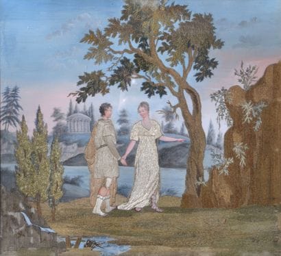 Travail du XVIIIe s, Scène pastorale, broderie...