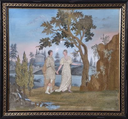 Travail du XVIIIe s, Scène pastorale, broderie...