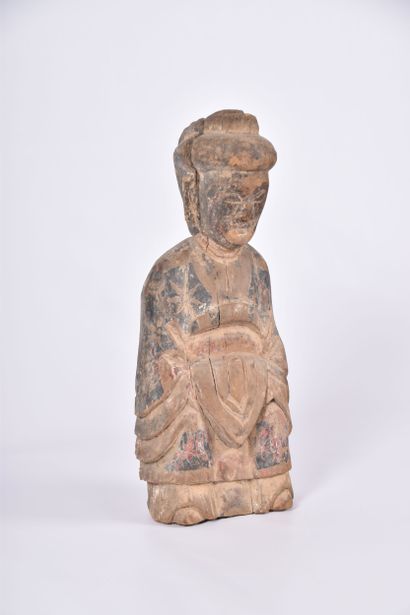 Chine XIXe s, Groupe en bois sculpté à traces...