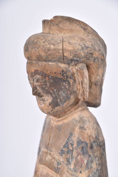 Chine XIXe s, Groupe en bois sculpté à traces...