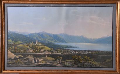 École Suisse milieu XIXe s, Vue du Lac Léman...