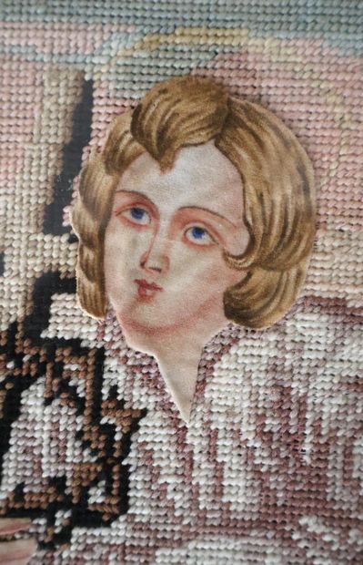 Christ enfant, broderie en laine et collage...