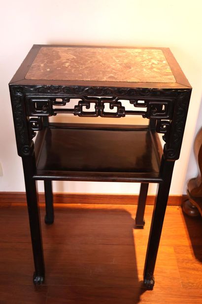 Chinese dark wood and carved saddle, stone...