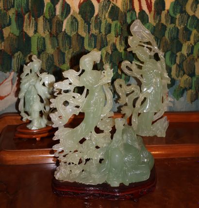 Three carved green hardstone groups, China,...