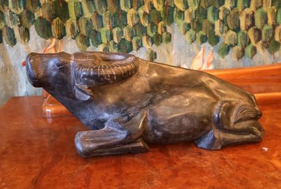 Carved black stone bull, modern, Vietnam...