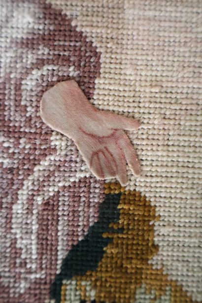 Christ enfant, broderie en laine et collage...