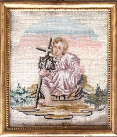 Christ enfant, broderie en laine et collage...