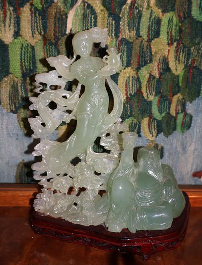 Three carved green hardstone groups, China,...