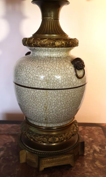 Beige crackled ceramic lamp with Louis XVI-style...