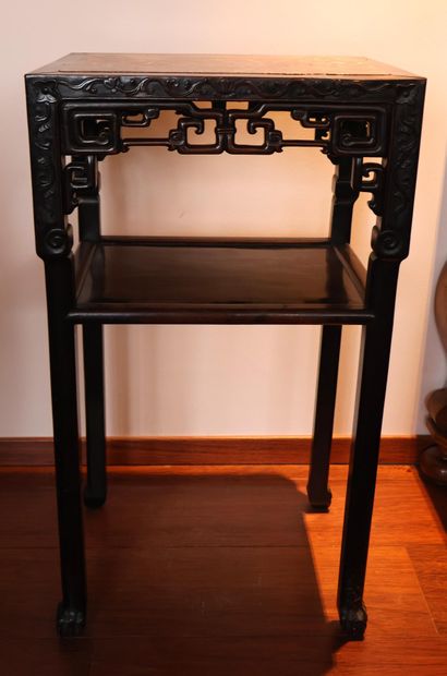 Chinese dark wood and carved saddle, stone...