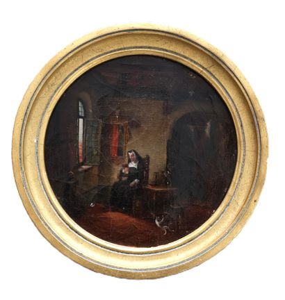 19th century school 
Sister reading 
Oil...