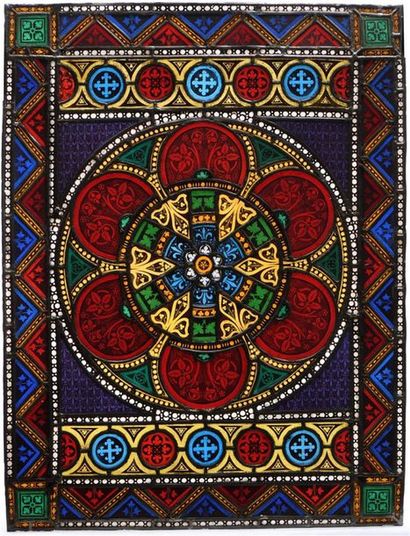 Série de trois vitraux polychromes rectangulaires...